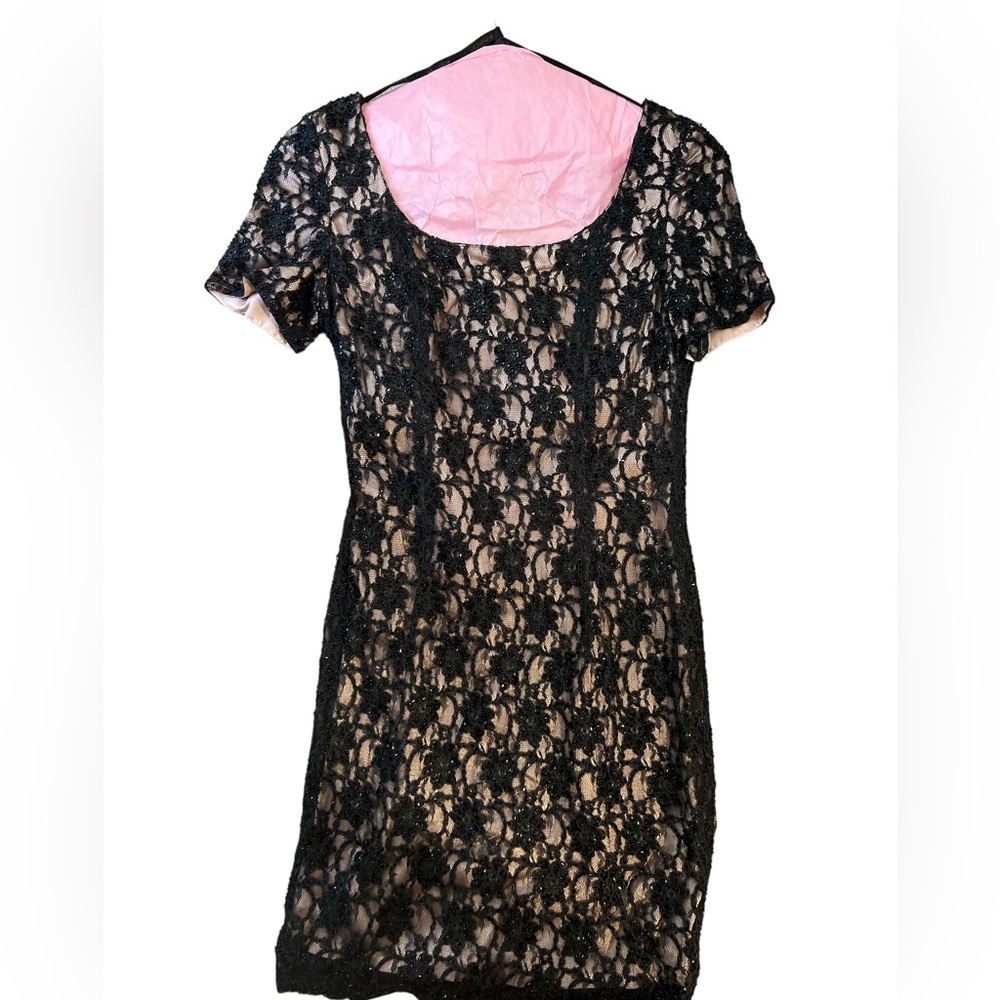 Jovani black lace  sequin dress with nude lining, short sleeves Sz 4